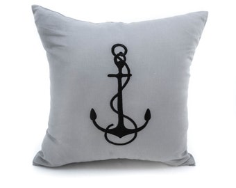 Gray Linen Pillow Cover, Custom Embroidery, Nautical Pillows, Cabin Decor, Coastal Bedding, Sailing Gifts