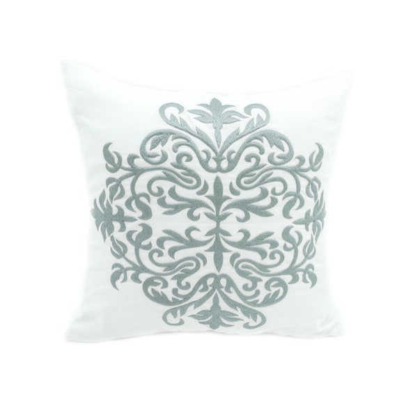 Damask Pillow Cover White Linen Silver Damask Embroidery Etsy