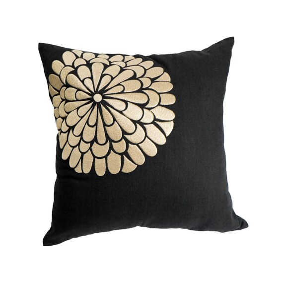Custom Embroidered Pillow Black Linen Pillow Case Flower Etsy