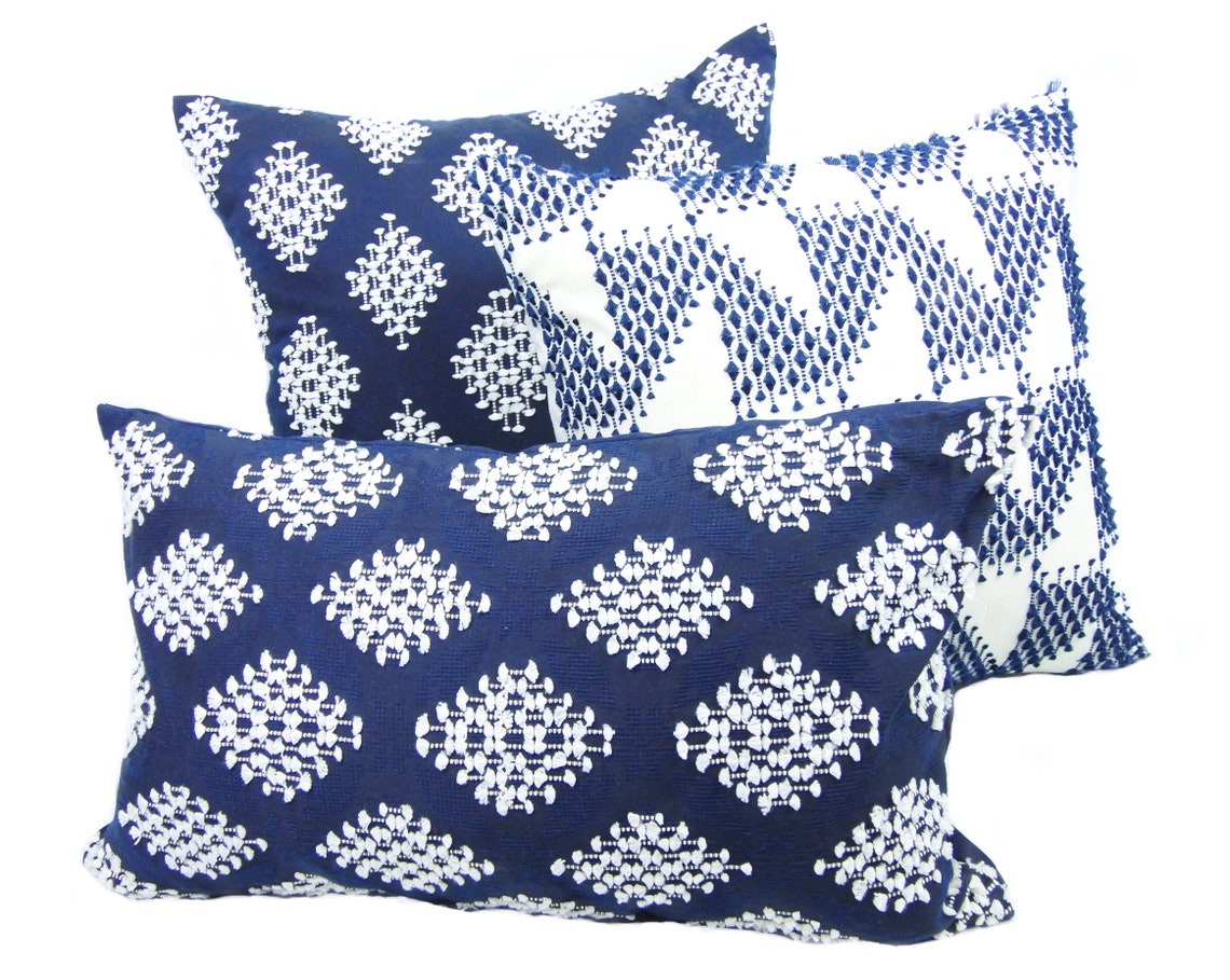Tribal Pillow Cover White Blue Handwoven Textured Pillow Etsy