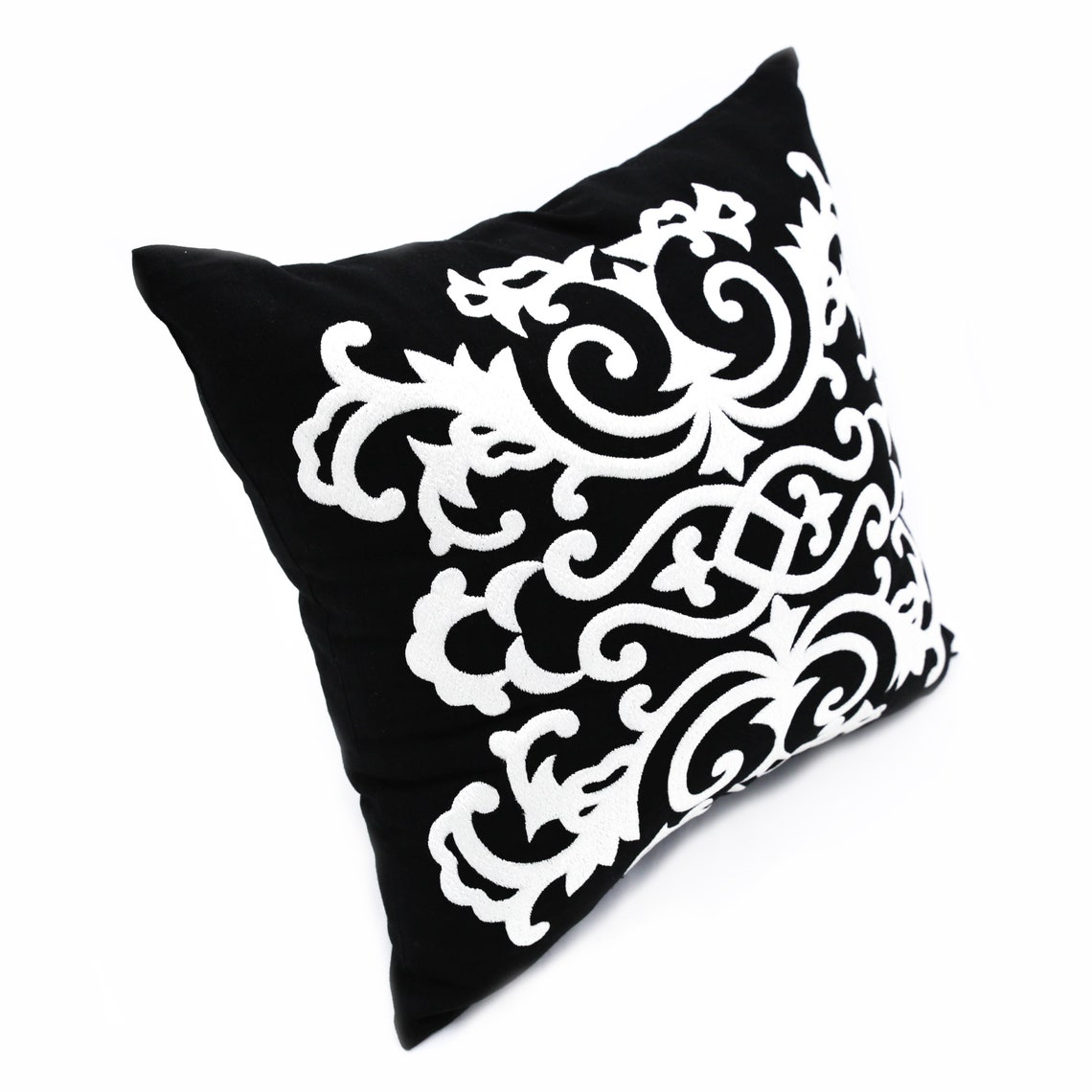 Black Linen Damask Embroidered Pillow Case White Medallion Etsy