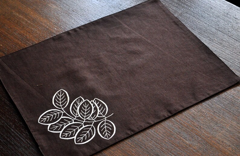 Floral Embroidered Linen Placemats Brown Leaves Fabric Etsy