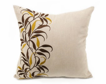 Botanical Embroidery Pillow Cover, Boho Decor, Custom Pillow Case, Gold Plant Embroidery