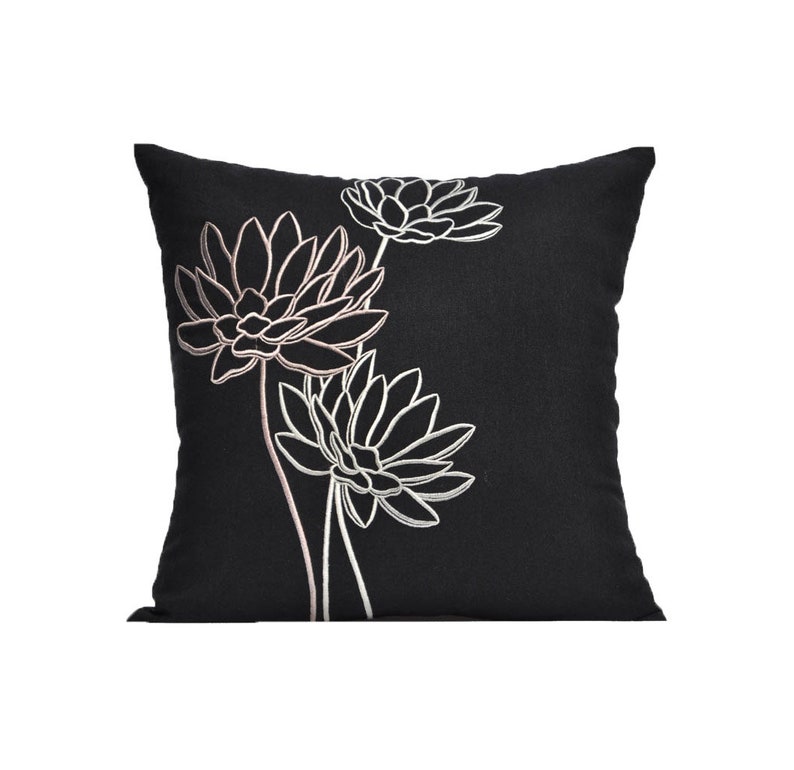 White Lotus Flower Embroidered Pillow Cover Bedroom Pillow Shams Decor Black Linen Floral Couch Pillow