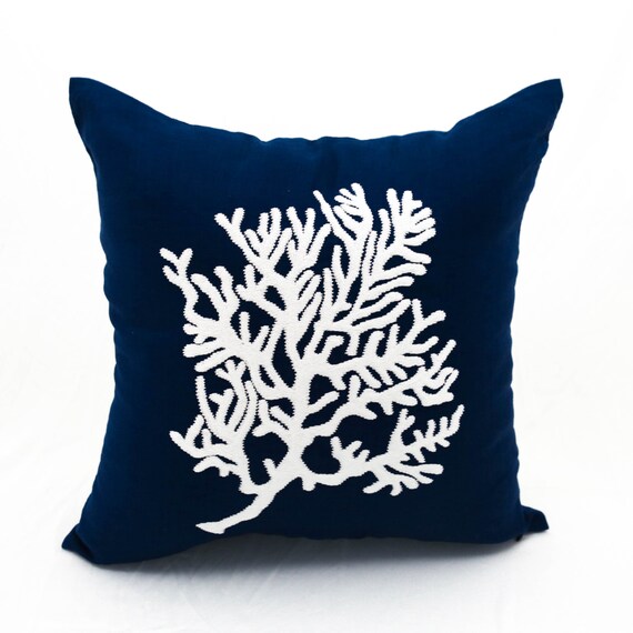 Coral Throw Pillow Nautical Decor Navy Accent Pillow Beach Etsy