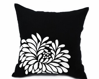 Gray Floral Pillowcases, Black Linen Pillow Covers, Custom Pillow Case, Flower Cushion,  Apartment Decor