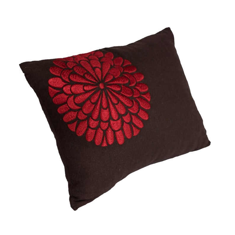 Red Flower Lumbar Pillow Cover Dark Brown Linen Floral Etsy