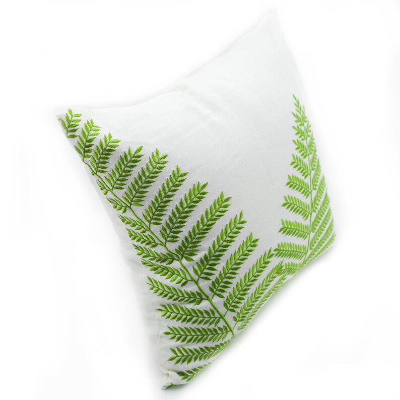 Fern Pillow, Botanical Embroidery, Custom Pillow Case, Farmhouse Decor, Cream Linen Pillow Cover, Tropical Decor image 2