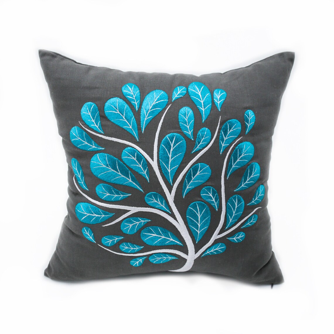 Teal Throw Pillow Cover Embroidered Gray Linen Pillow Etsy