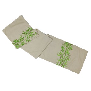 Natural Linen Embroidered Table Runner 14&quot;x64&quot;, Tropical Farmhouse Table Decor, Green LongTable Runner, CLEARANCE SALE