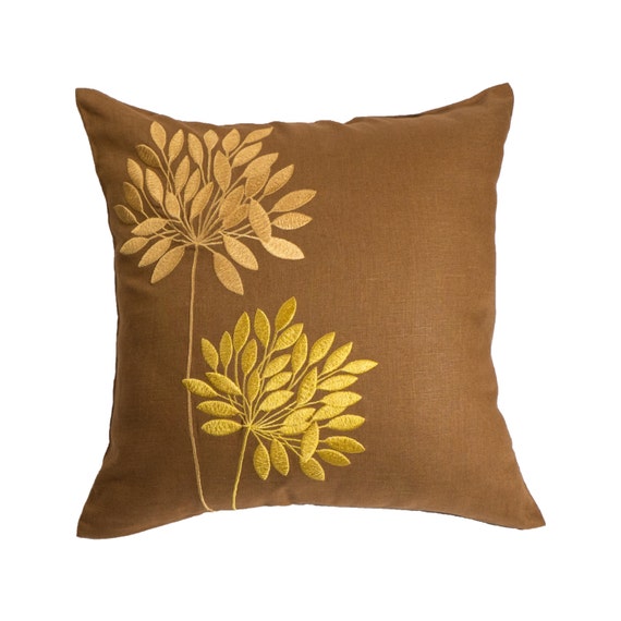 Gold Flower Decorative Pillow Cover Brown Embroidered Cushion | Etsy