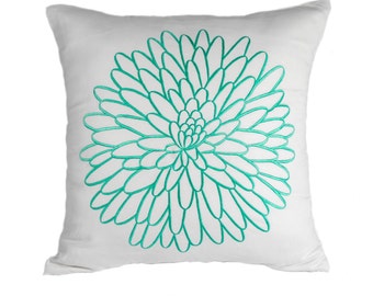 White Linen Pillow Cover, Flower Turquoise Cushion, Teal Throw Pillow, Embroidered Floral Pillowcases, Bedroom Decor