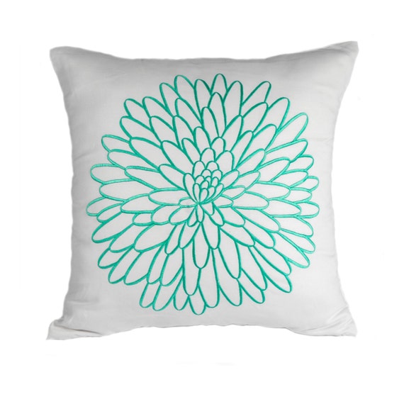 Turquoise Floral Pillow Cover Accent Pillow White Linen Etsy