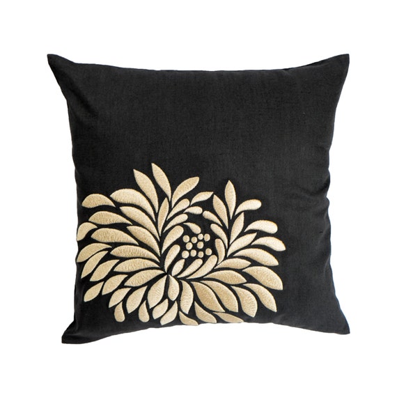 Black Flower Embroidery Pillow Cover Floral Linen Couch Etsy