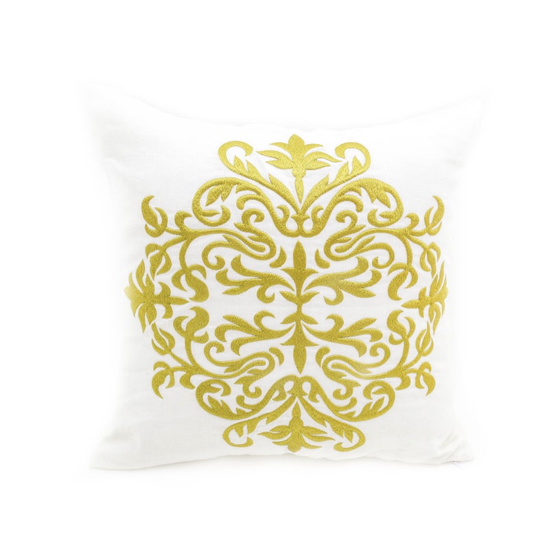 Damask Pillow Cover White Linen Gold Damask Embroidery Etsy