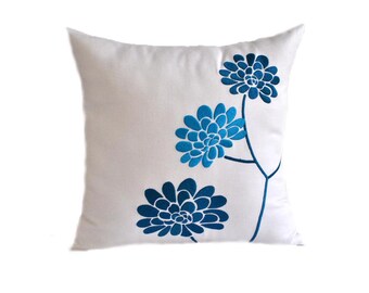 Teal Throw Pillow Cover, Floral Pillowcases, Gifts for Mom, White Linen Pillow, Custom Pillow Case, Turquoise Cushion