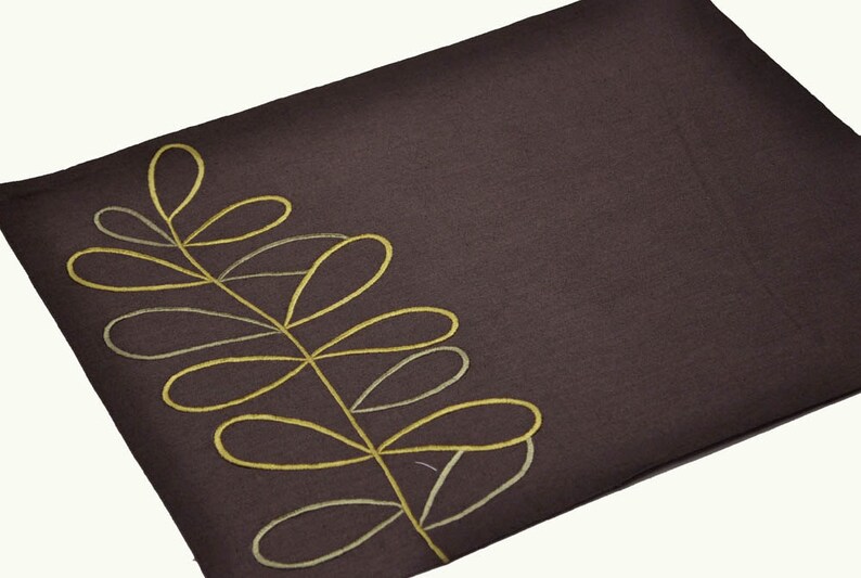 Botanical Floral Embroidered Placemat Modern Dark Brown Linen Etsy