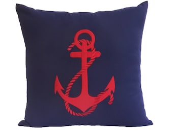 Navy Linen Pillow Cover, Anchor Decor, Nautical Pillows, Custom Embroidery, Sailing Gifts, Beach Decor