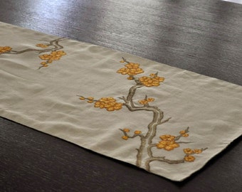 Linen Beige Table Runner, Floral Table Runner, Cherry Blossom Embroidery, Custom Table Runner, Thanksgiving Decor