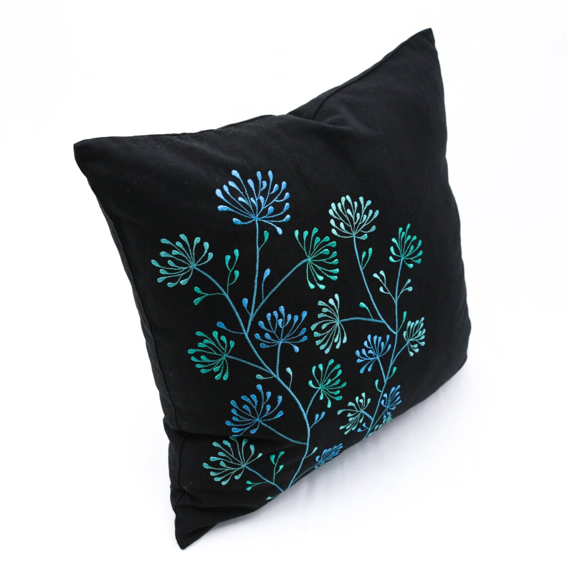 Teal Floral Embroidered Throw Pillow Cover Black Linen Etsy