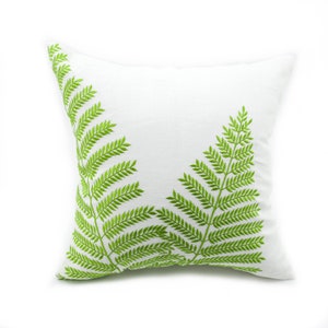 Fern Pillow, Botanical Embroidery, Custom Pillow Case, Farmhouse Decor, Cream Linen Pillow Cover, Tropical Decor image 1