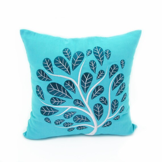 Teal Embroidered Peacock Throw Pillow Cover Floral Decorative Etsy