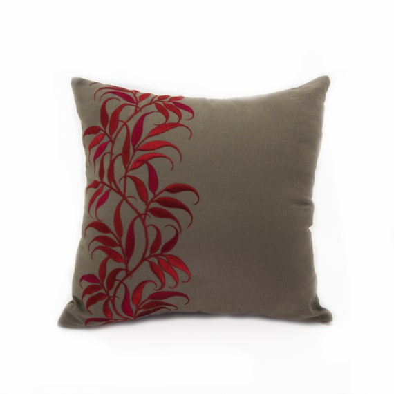 Leaves Pillow Cover Medium Taupe Linen Orange LeafLeaves Linen CushionPillow