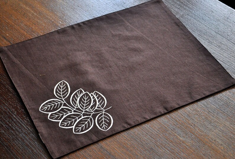 Floral Embroidered Linen Placemats Brown Leaves Fabric Etsy