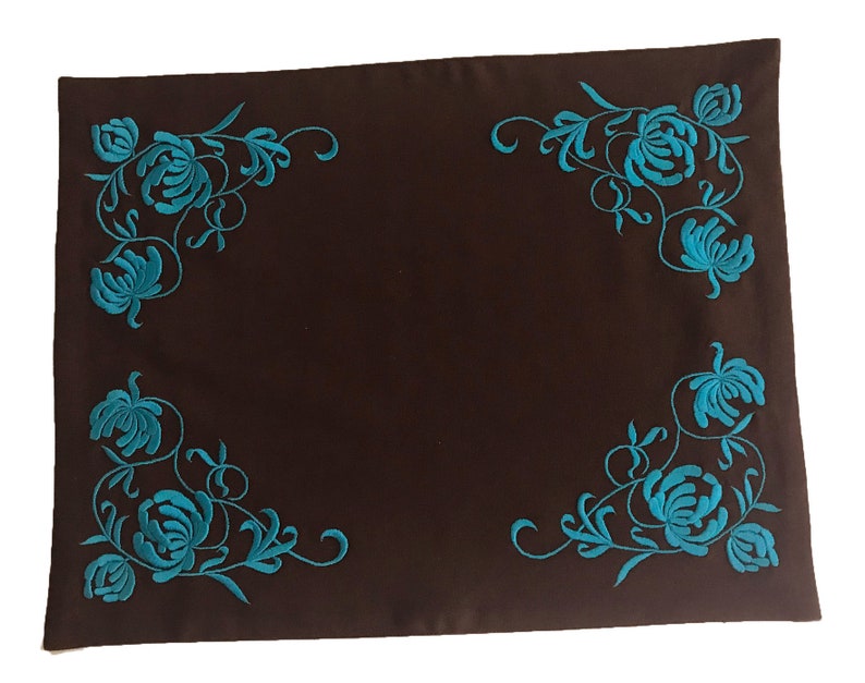 Linen Placemats Flower Embroidery. Brown Teal Placemats Etsy