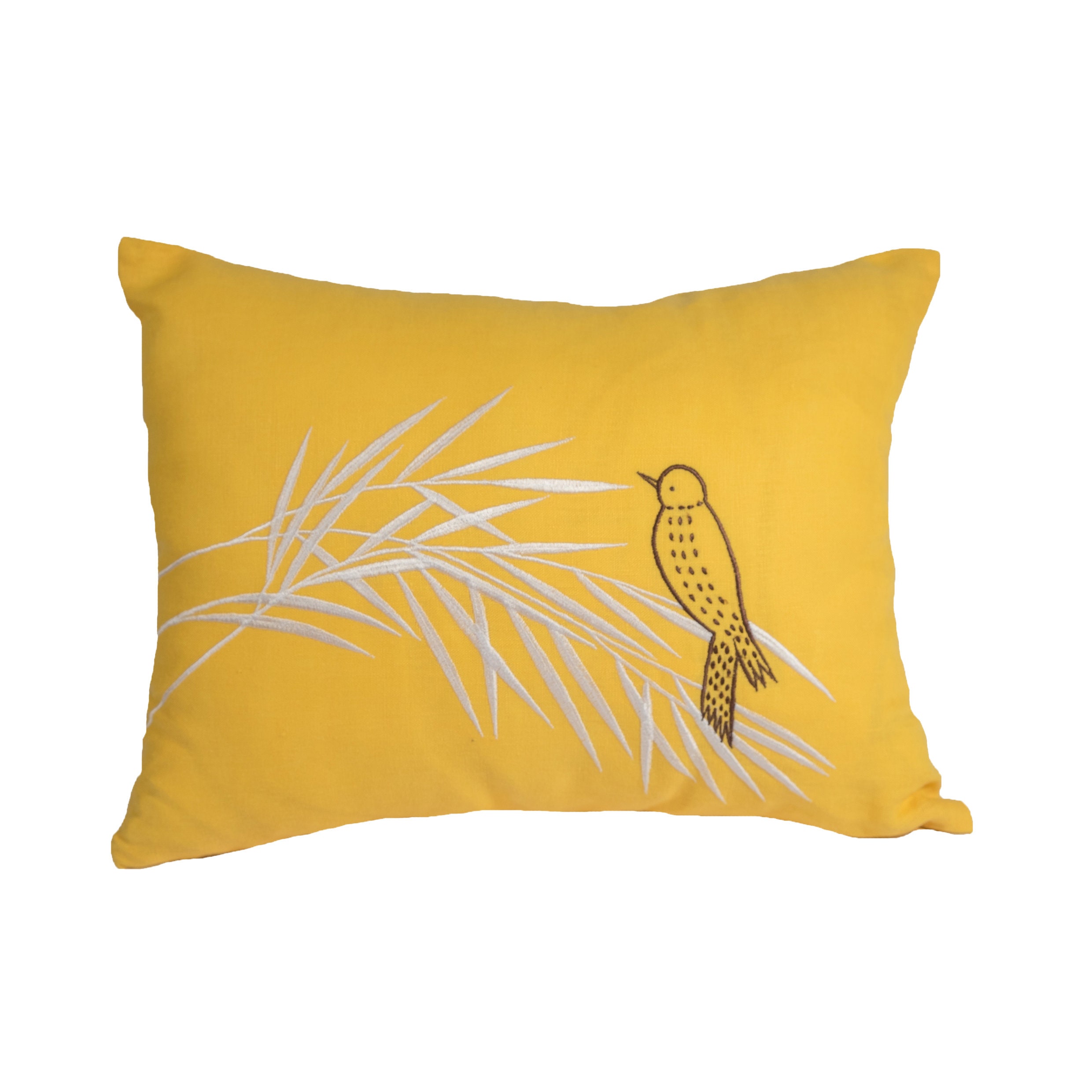 Lumbar Throw Pillow Cover Bird Case Yellow Linen 50