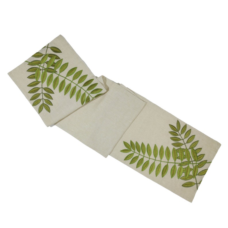 Natural Linen Table Runner Green Leaves Embroidery Custom Etsy