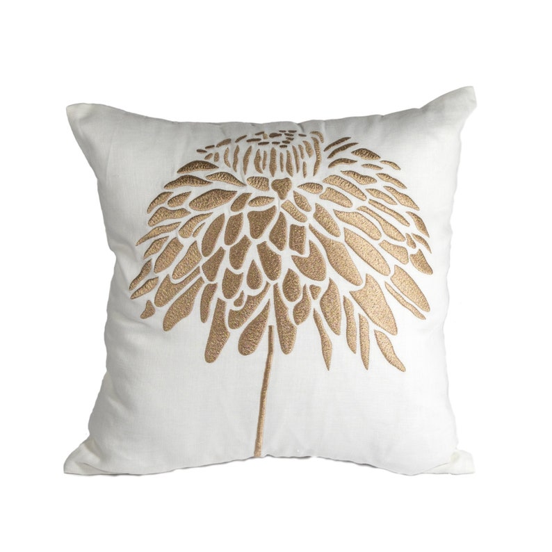 Floral Embroidered Pillow Cover Beige Linen Peony Flower Etsy