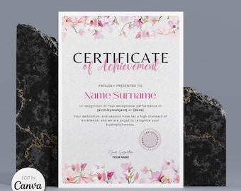 Editable Certificate of Achievement Template: Printable Canva Award