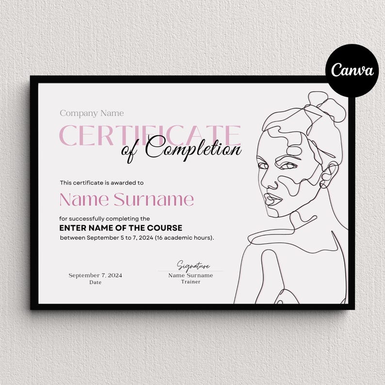 Editable Certificate of Completion Template: Minimalist Canva Design - Etsy