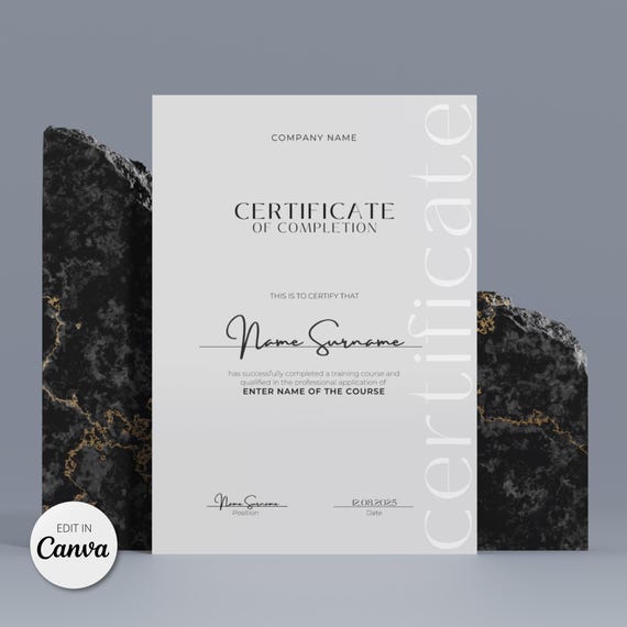 Minimalist Certificate of Completion Template: Editable Canva Design (A4)
