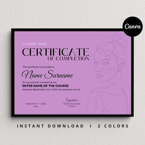 Certificate Of Completion Template, Course Certificate, Beauty Training Certificate,  Editable Certificate, Canva Template