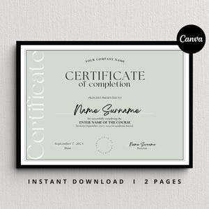 Certificate Of Completion Template, Course Certificate, Training Certificate,  Editable Certificate, Printable Certificate, Canva Template