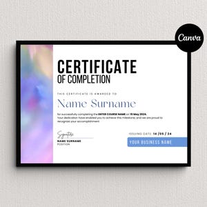 Certificate Of Completion Template, Course Certificate, Training Certificate,  Editable Certificate, Printable Certificate, Canva Template