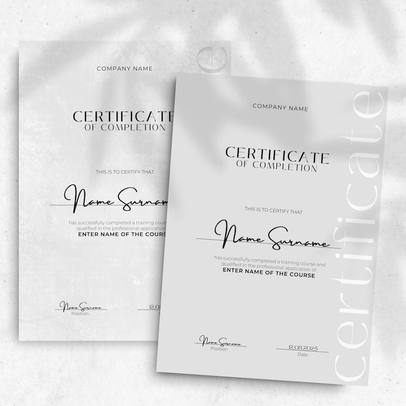 May include: A black and white certificate of completion with the text "Certificate of Completion" and "This is to certify that" followed by a name and the date "12.08.2025".