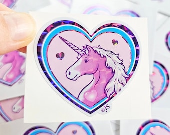 Prism Foil Sticker, 80's Inspired Unicorn Heart Sticker, Cute Waterproof Sticker for Waterbottle or Car