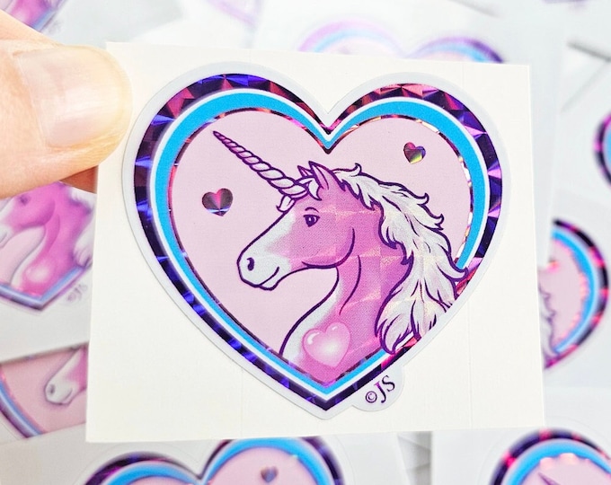 Prism Foil Sticker, 80's Inspired Unicorn Heart Sticker, Cute Waterproof Sticker for Waterbottle or Car