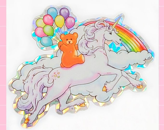Rainbow Unicorn Teddy Bear & Balloons Prism Sticker | Die Cut Style | Waterproof