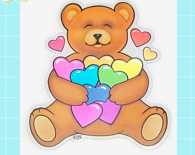 Limited Edition Cute Foil Teddy Bear w Colorful Hearts Sticker | Waterproof