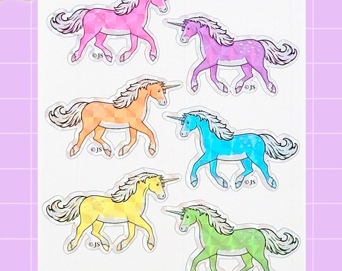 Pastel Rainbow Unicorns Prism Sticker Sheet | Waterproof