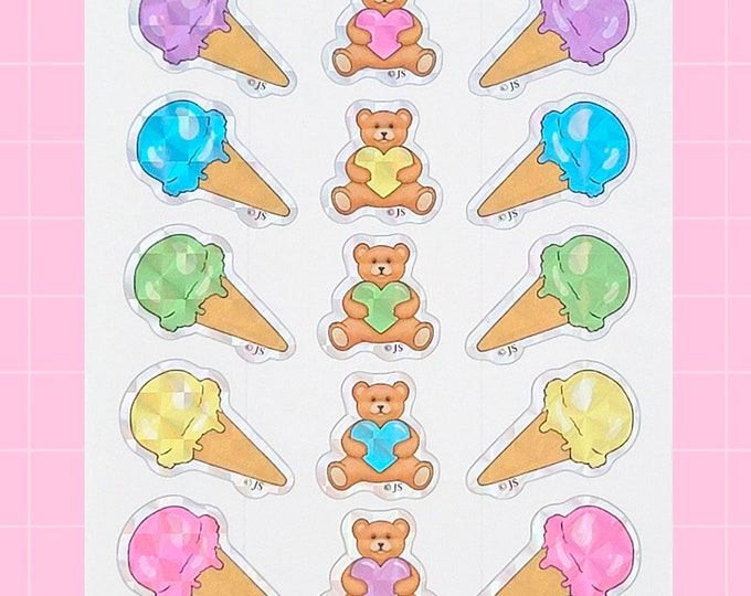 Cute Teddy Bears & Ice Cream Cones Prism Sticker Sheet | Waterproof