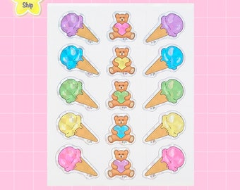 Cute Teddy Bears & Ice Cream Cones Prism Sticker Sheet | Waterproof