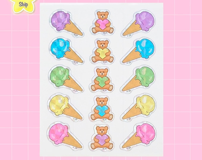 Cute Teddy Bears & Ice Cream Cones Prism Sticker Sheet | Waterproof