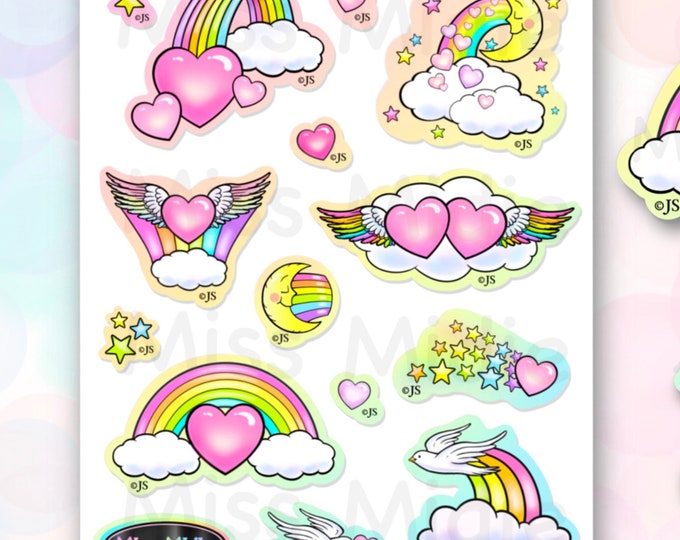 1980's Prism Rainbow Hearts Sticker Sheet | Vintage Retro Design