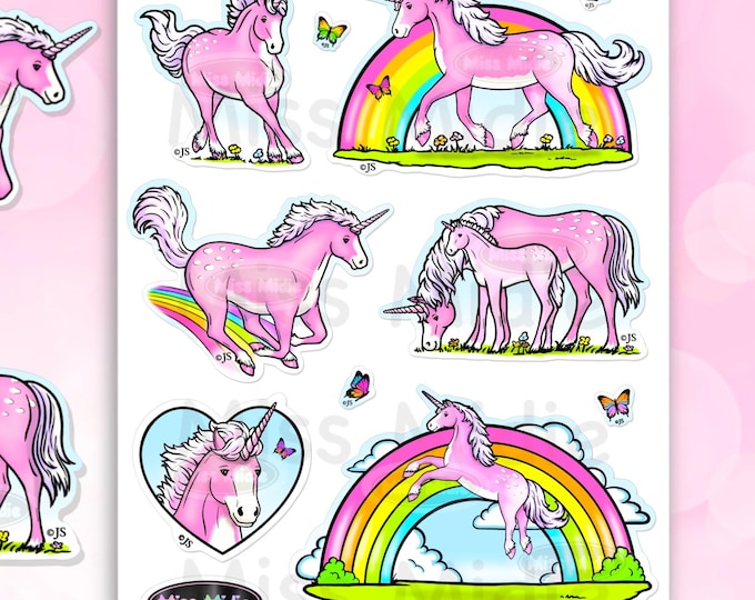 Cute Prismatic Pink Unicorns Sticker Sheet | 1980s Vintage Reboot Design