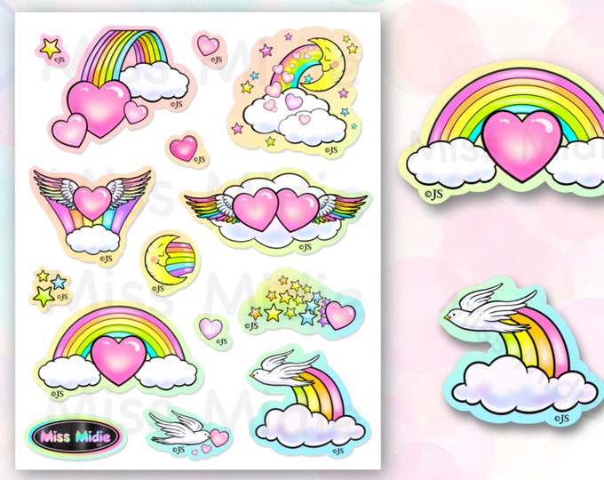 Prism Rainbow Hearts 3" x 4" Sticker Sheet | Vintage Retro Design